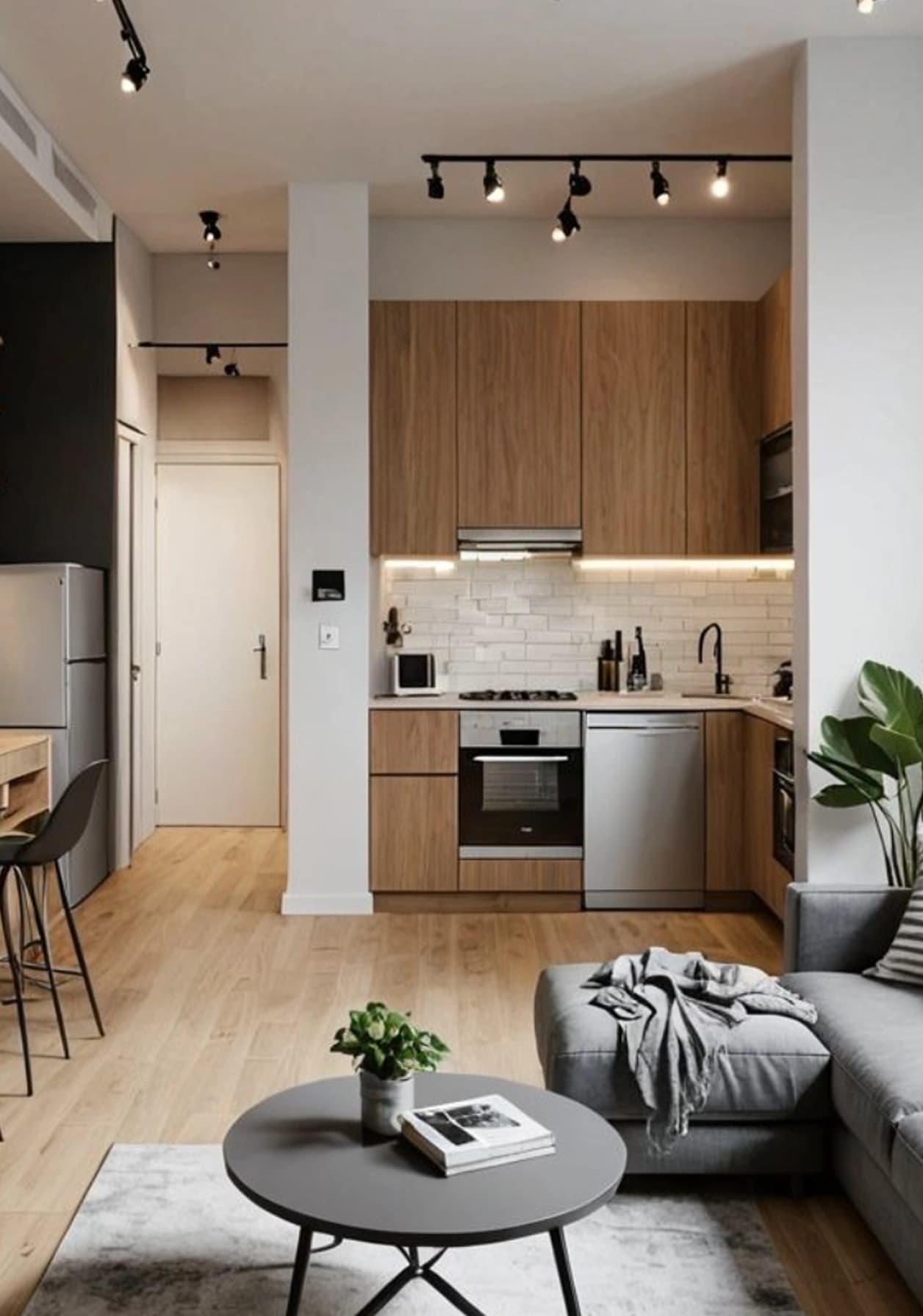 Modern kitchen and living room interior